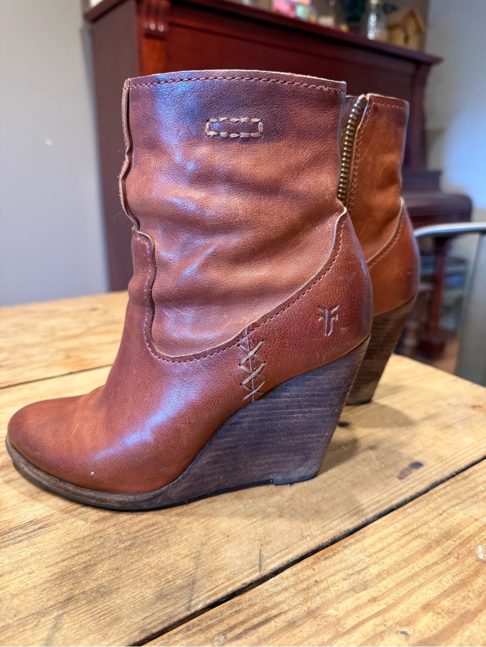 Frye Cognac Leather Wedge Booties